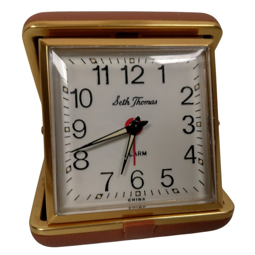 Vintage Seth Thomas Alarm Clock Travel Size Brown Foldable Plastic Case Glowing